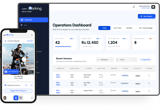 Lahv+ Parking mobile app and operations dashboard