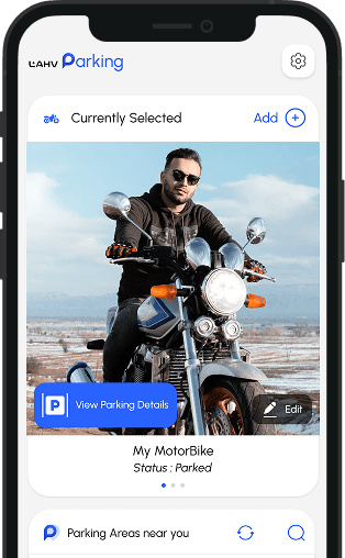 Lahv+ app on iPhone showing parked vehicle and nearby parking areas